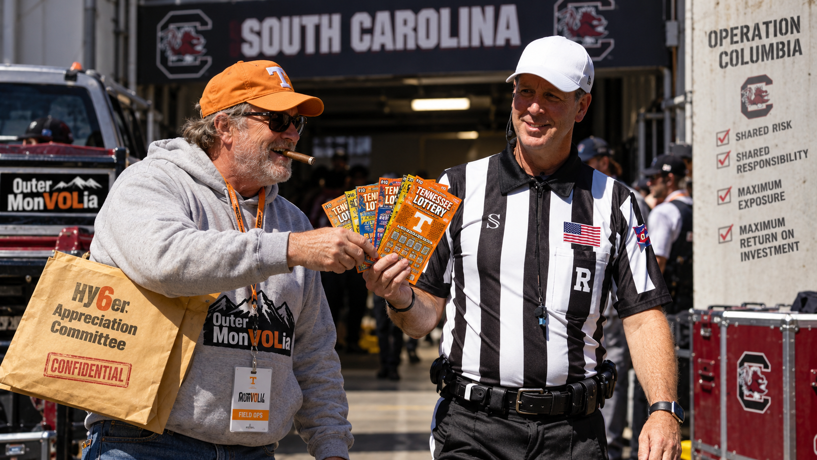 Satirical composite depicting SEC referee David Smith receiving Tennessee scratch-off lottery tickets from a fictional Outer MonVOLia representative outside South Carolina's stadium.