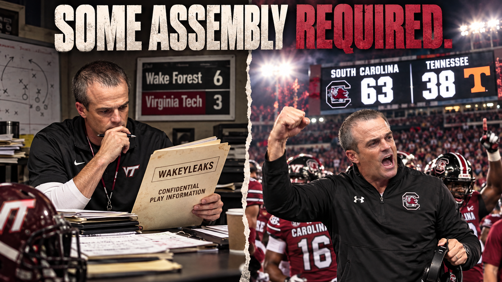 Satirical split-panel collage: Shane Beamer studies a Wake Forest play-information file beside a 6–3 Virginia Tech loss, then celebrates South Carolina's 63–38 win over Tennessee.