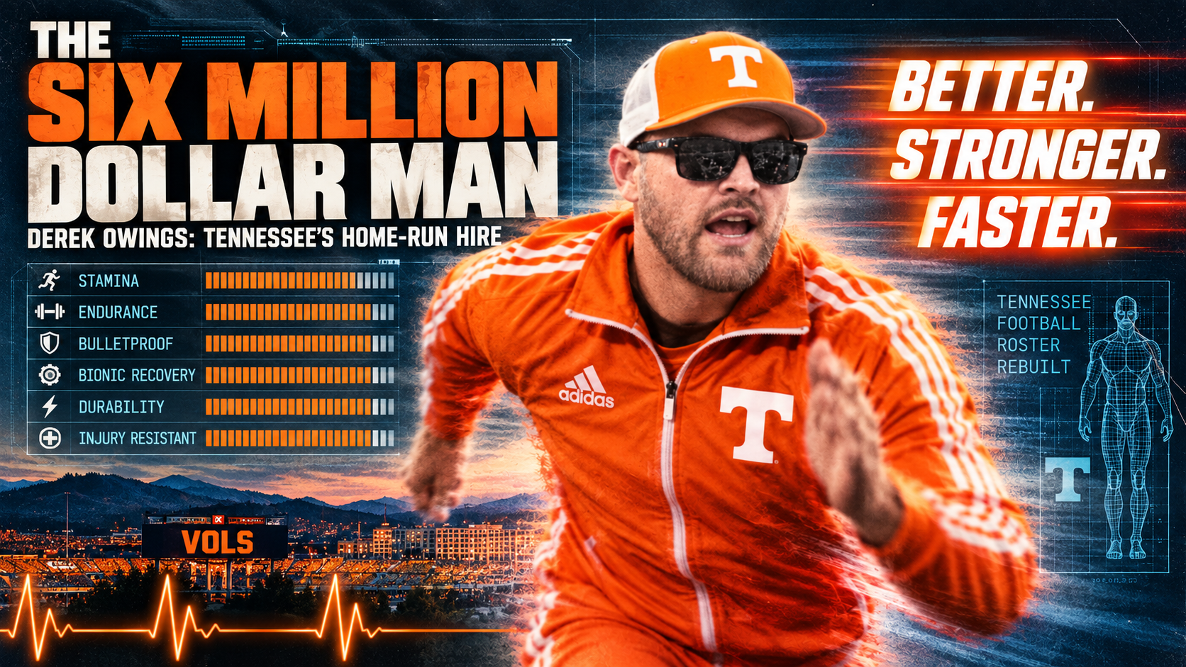 Derek Owings depicted as Tennessee's Six Million Dollar Man with Better, Stronger, Faster and bionic durability meters.