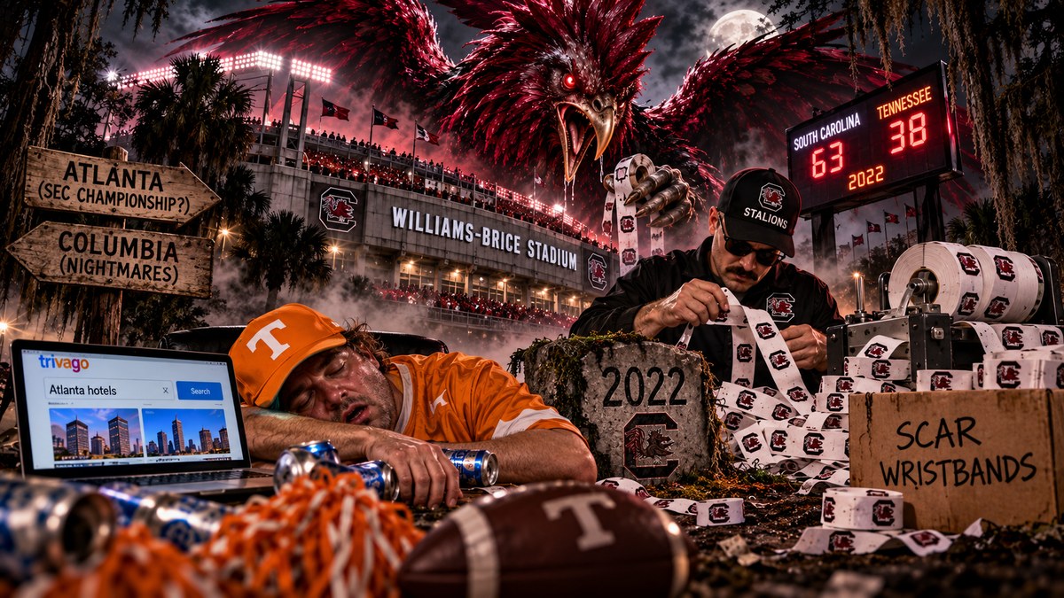 Giant red Gamecock looms over Williams-Brice Stadium with 2022 score South Carolina 63, Tennessee 38; an exhausted Vol fan dreams of Atlanta as a Stalions lookalike makes wristbands.