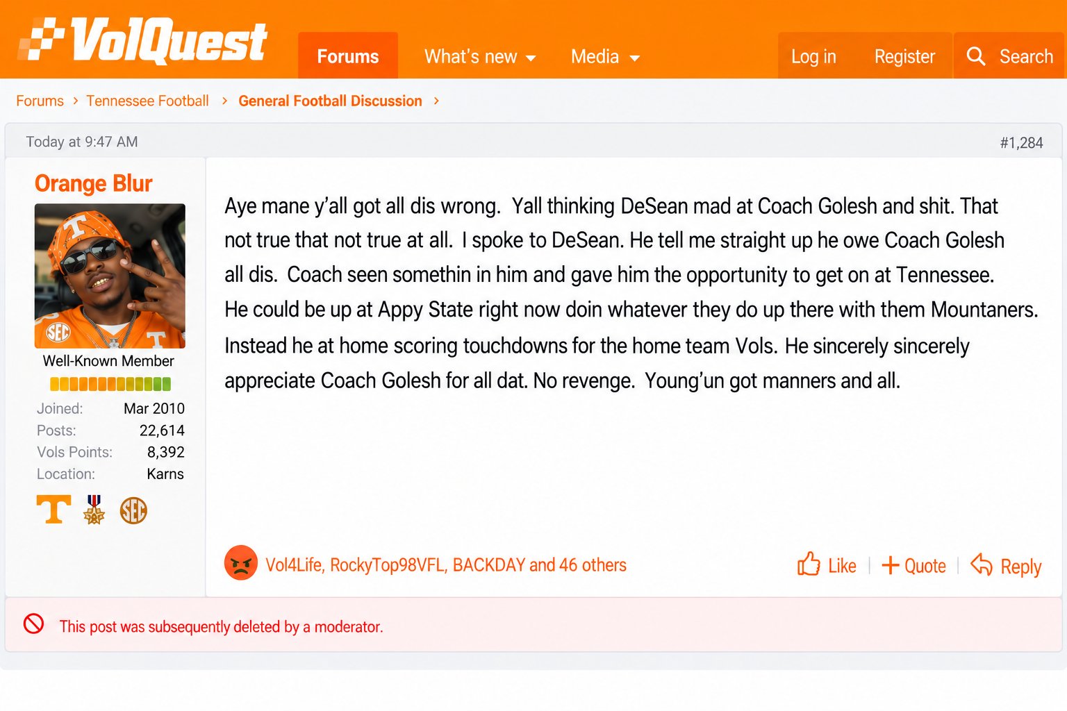 Orange Blur message-board post about DeSean Bishop and Alex Golesh